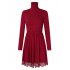 Leadingstar Women Solid Lace Trim Elastic Waist Turtleneck A Line Long Sleeve Casual DressT2G2