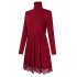 Leadingstar Women Solid Lace Trim Elastic Waist Turtleneck A Line Long Sleeve Casual Dress