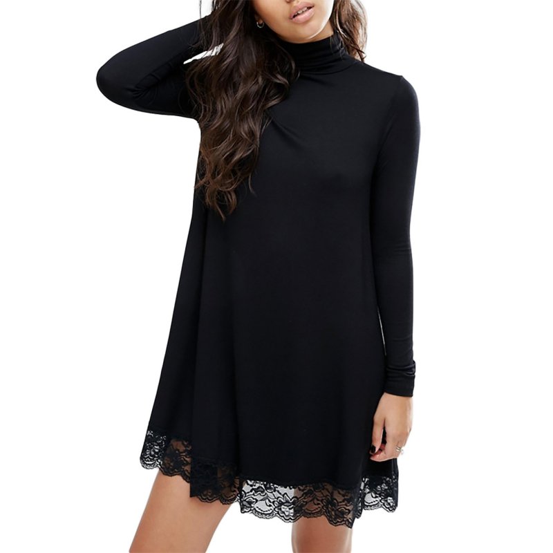 US Leadingstar Women's Knitting Turtleneck Long Sleeve Loose Lace Cotton Casual Dress Black