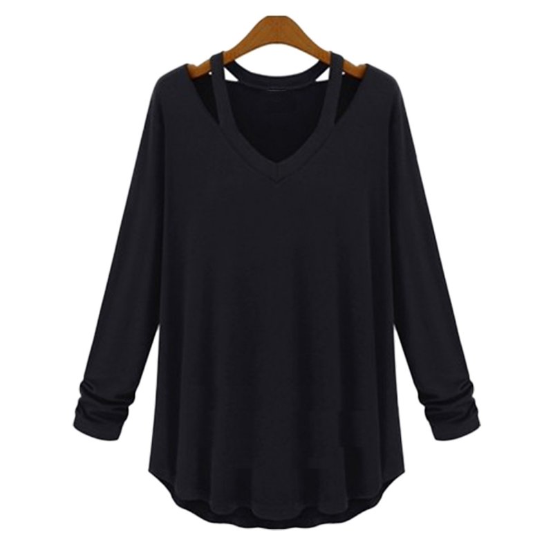 Casual V Neck Halter Long Sleeve Knit T Shirt
