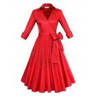 Leadingstar Women s Lapple 3 4 Sleeve Bow Belt Knee Length Classical Casual Swing Dress Red Size S