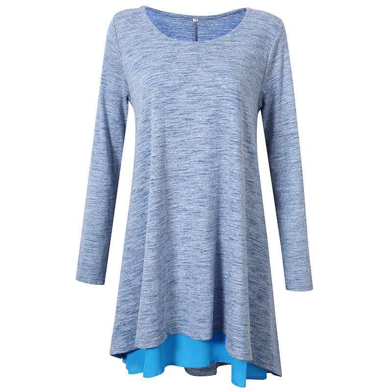 [US Direct] Leadingstar Women's Long Sleeve Round Neck A-line Skirt Pendulum Stitching Loose T-shirt Dress Gray S