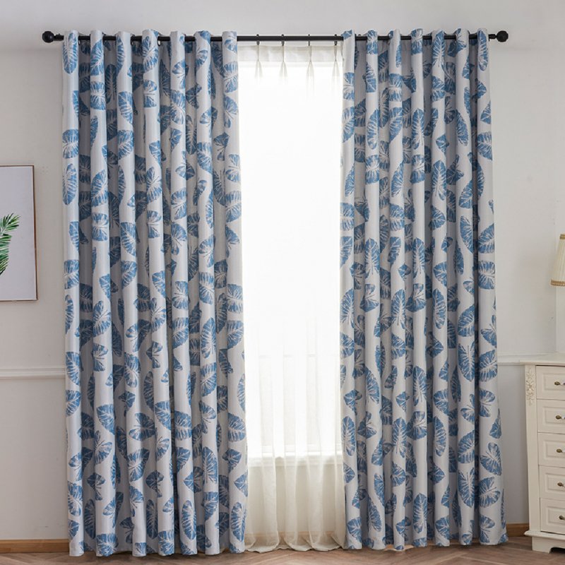 Leaf Printing Shading Window Curtain  with Hanging Holes 1*2.5m High Living Room Bedroom Drapes blue