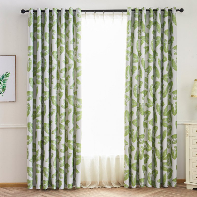 Leaf Printing Shading Window Curtain  with Hanging Holes 1*2.5m High Living Room Bedroom Drapes green