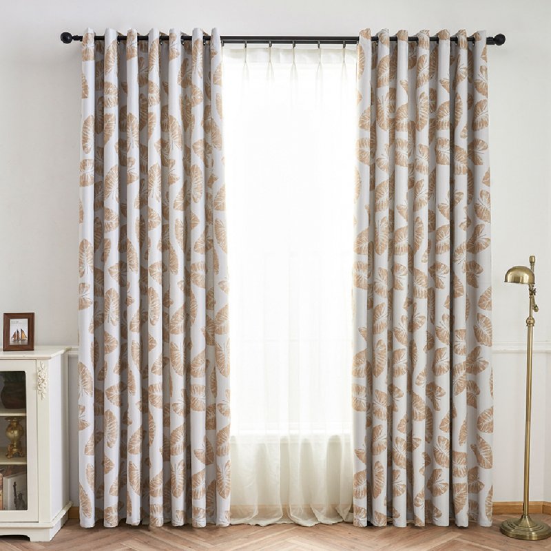 Leaf Printing Shading Window Curtain  with Hanging Holes 1*2.5m High Living Room Bedroom Drapes Coffee color