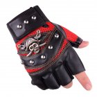 Leather Gloves Skeleton Motorcycle cross Racing Gloves Half Fingers Pirate skull rivet Punk Cycling Bicycle Gloves red One size