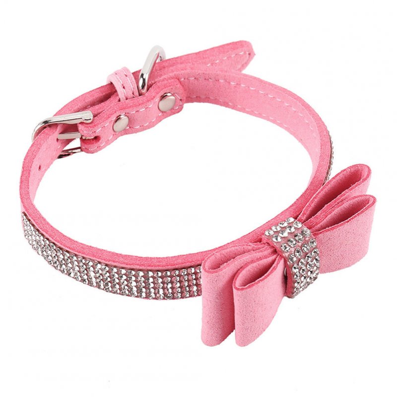 Leather Rhinestone Diamante Dog Collar Soft Bow Tie Design for Cat Puppy Small Pet Pink_S