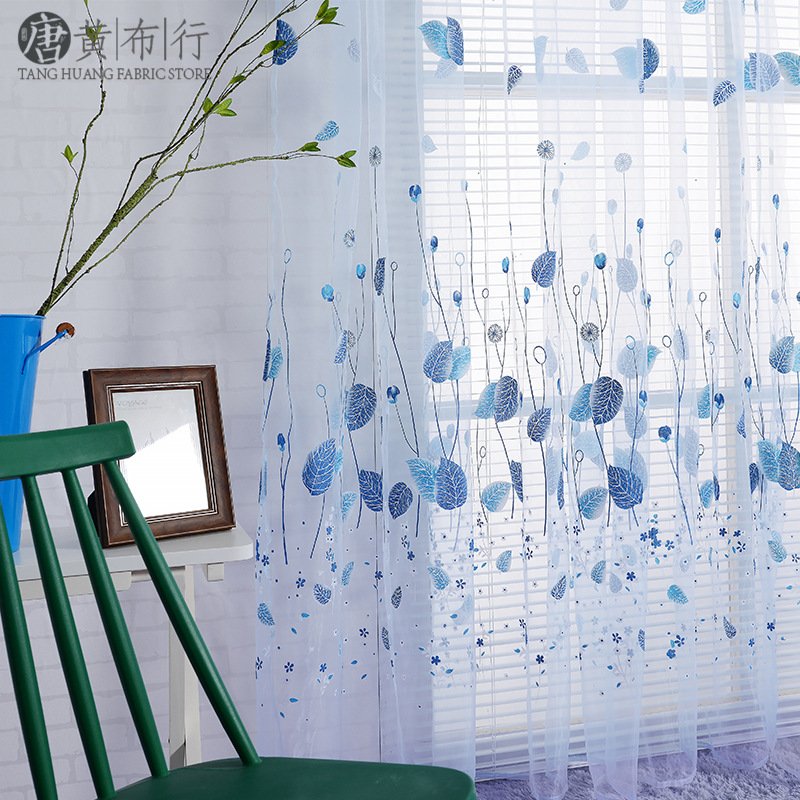 Leave Printing Curtain Tulle for Living Room Bedroom Children Room Window Screening kitchen Sheer Curtain blue_W100cm*H200cm