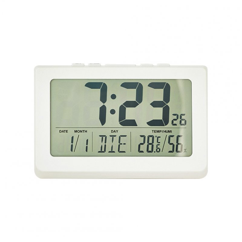 Led Alarm Clock Time Date Temperature Humidity Display Desk Clock For Bedroom Home Office Decor (21x14x2.5cm) White