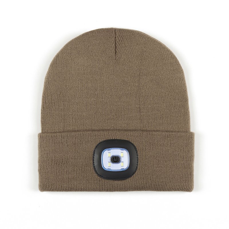 Led Light Knitted Hat With 3 Adjustable Brightness, USB Charging Port Warm Knit Beanie Hat, Round Top Rechargeable Headlamp Beanie For Men & Women, Teens camel yellow