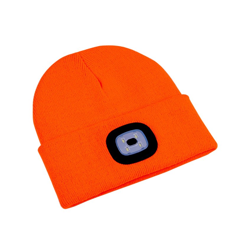 Led Light Knitted Hat With 3 Adjustable Brightness, USB Charging Port Warm Knit Beanie Hat, Round Top Rechargeable Headlamp Beanie For Men & Women, Teens bright orange
