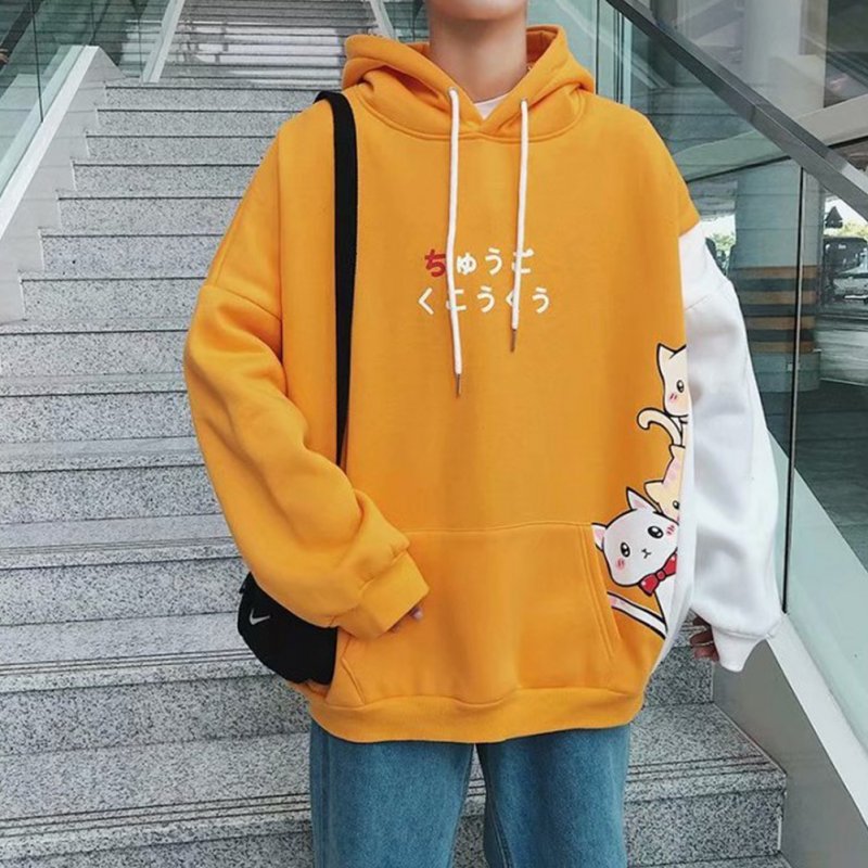 Leisure Sweater with Cartoon Pattern Printed Loose Pullover Shirt for Man yellow_L