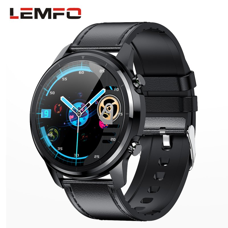 Original LEMFO LF26 Round Dial Smart Bracelet 150mAh IP67 Waterproof Bluetooth 5.0 1.3 inch Full HD IPS Screen Watch black_Black leather strap