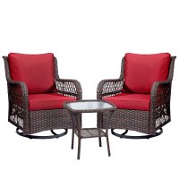 US IDEALHOUSE Outdoor Wicker Swivel Rocker Patio Set, 360 Degree Swivel Rocking Chairs Elegant Wicker Patio Bistro Set with Premuim Cushions and Armored Glass Top Side Table for Backyard
