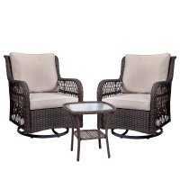 US IDEALHOUSE Outdoor Wicker Swivel Rocker Patio Set, 360 Degree Swivel Rocking Chairs Elegant Wicker Patio Bistro Set with Premuim Cushions and Armored Glass Top Side Table for Backyard