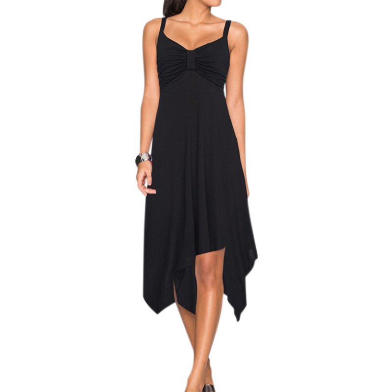 Liebeye Women's Casual Spaghetti Strap Ruched Asymmetrical A-line Sun Dress Black_XL