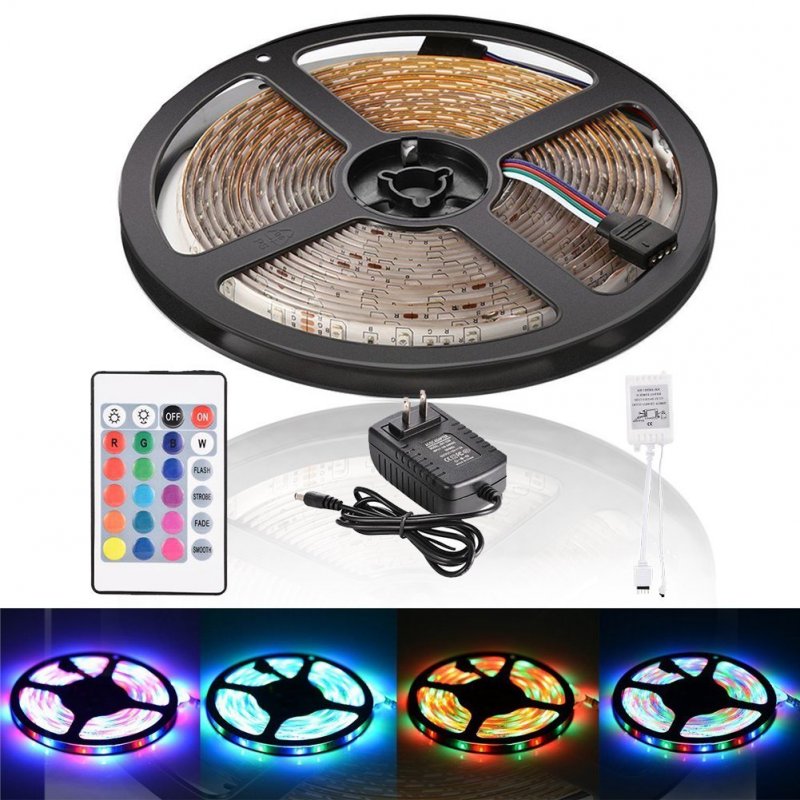 [US Direct] Litake 5M/16.4ft 300 LED SMD 3528 Strip Light RGB Color Changing Water-resistant DC 12V Light Kit with Adhesive Tape 24 Key Remote Control