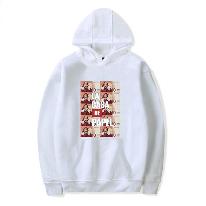 Long Sleeves Hoodie Loose Sweater Pullover with Unique Pattern Decor for Man and Woman White B_M