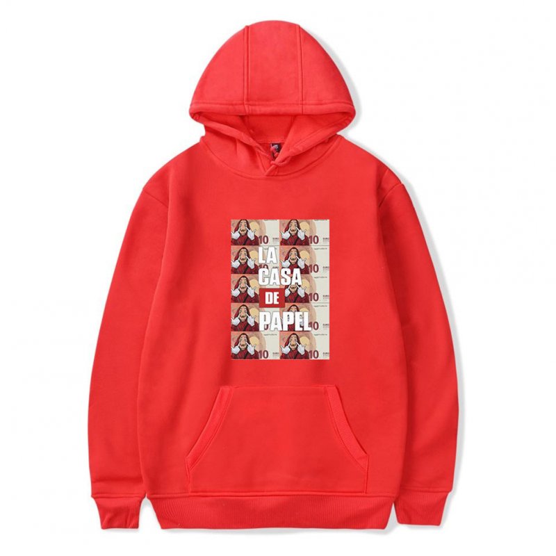 Long Sleeves Hoodie Loose Sweater Pullover with Unique Pattern Decor for Man and Woman Red B_M