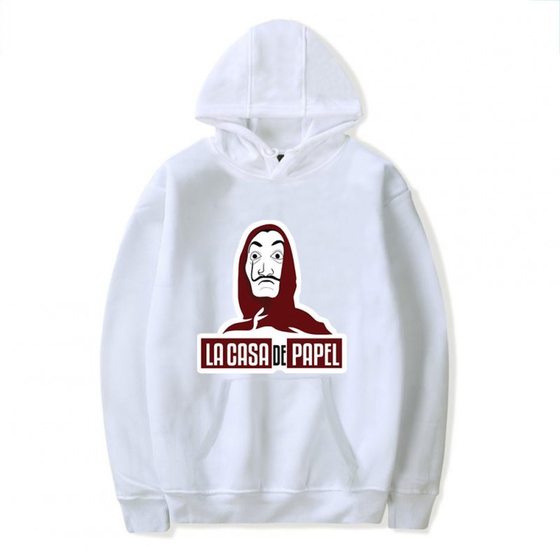 Long Sleeves Hoodie Loose Sweater Pullover with Unique Pattern Decor for Man and Woman White A_M