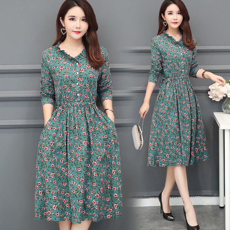 Long Sleeves Leisure Dress Floral Leisure Dress with Sing-breasted Decor and Flouncing Collar green_L