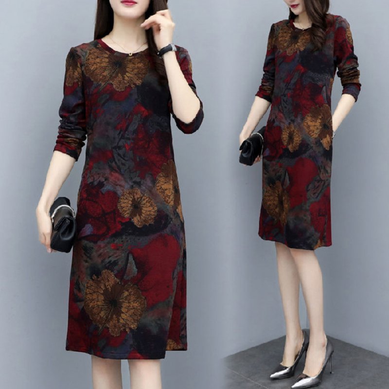 Long Sleeves and Round Neck Dress with Floral Printed Casual Loose Dress for Woman Wine red lotus_L