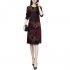 Long Sleeves and Round Neck Dress with Floral Printed Casual Loose Dress for Woman Wine red lotus XXL