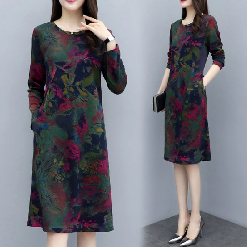 Long Sleeves and Round Neck Dress with Floral Printed Casual Loose Dress for Woman Green elephant flower_XXXL