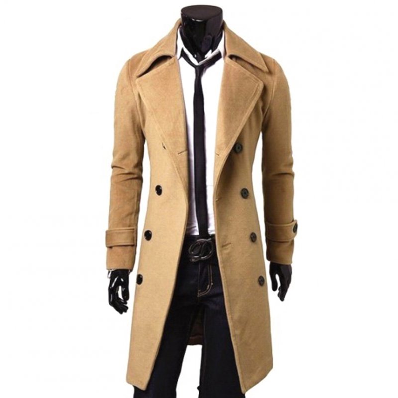 Long Trench Coat Warm Thicken Woolen Long Overcoat Quality Slim Black Male Overcoat Khaki_XL