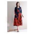 Loose Large Size Dress with Floral Printed Long Sleeves Dress for Woman Navy blue 2XL