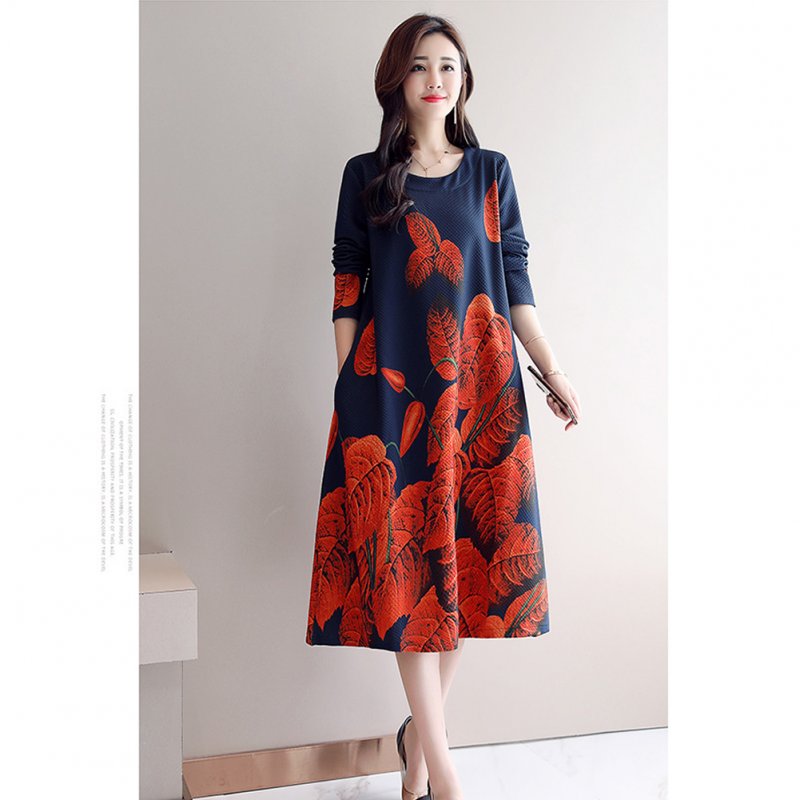 Loose Large Size Dress with Floral Printed Long Sleeves Dress for Woman Navy blue_2XL