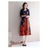 Loose Large Size Dress with Floral Printed Long Sleeves Dress for Woman Navy blue 2XL