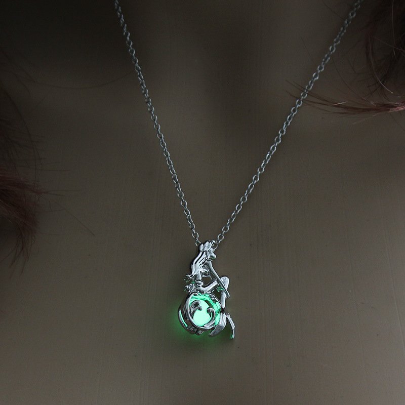 Luminous Alloy Open Cage Mermaid Skull Head Necklace DIY Pendant Halloween Glowing Jewelry Gift NY314-Mermaid