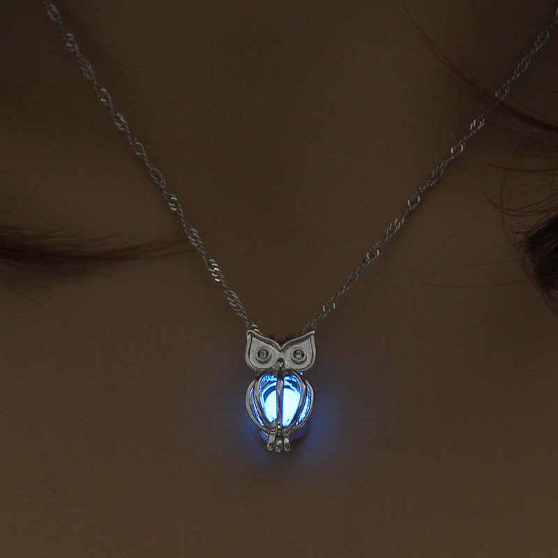 Luminous Alloy Open Cage Mermaid Skull Head Necklace DIY Pendant Halloween Glowing Jewelry Gift NY034-Owl