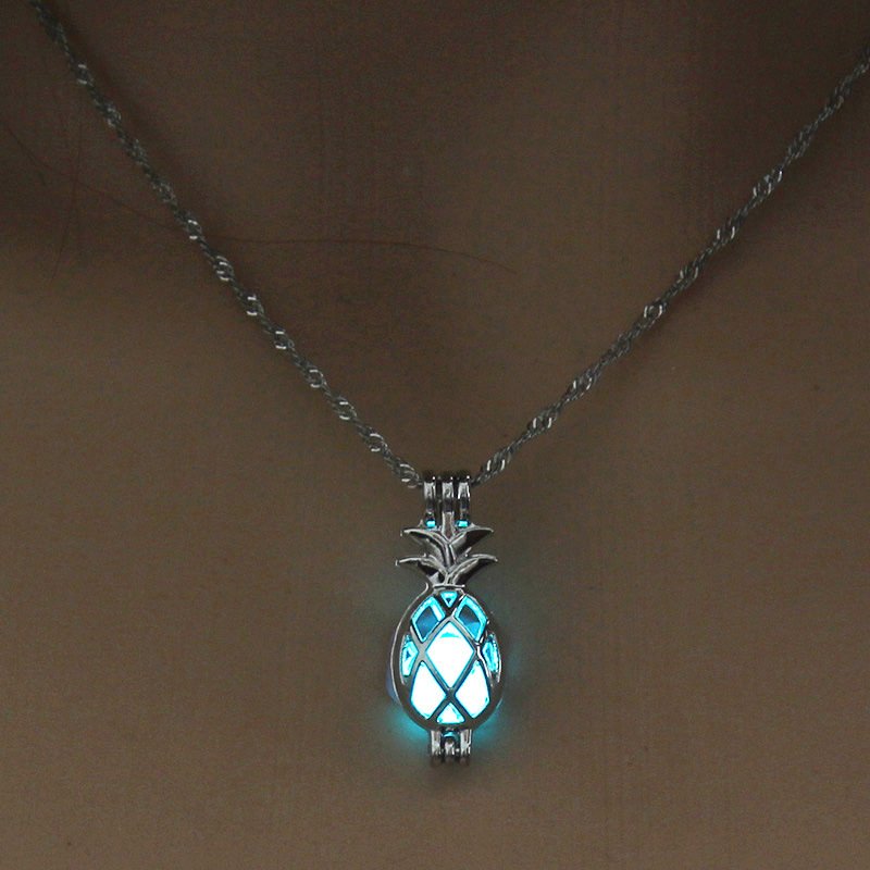 Luminous Alloy Open Cage Mermaid Skull Head Necklace DIY Pendant Halloween Glowing Jewelry Gift NY253-Pineapple
