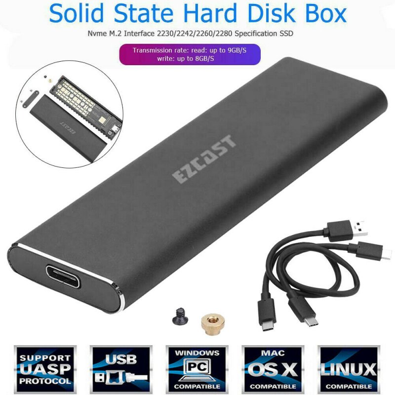 M2 SSD Hard Case NVME PCIe Enclosure M.2 to USB Type C 3.1 GEN2 M Key Adapter gray