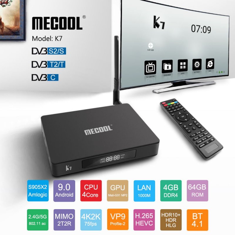 MECOOL K7 DVB-T2/S2/C Android 9.0 TV Box Amlogic S905X2 Quad Core 4K 2.4G 5G WIFI 1000Mbps Set black_British regulations