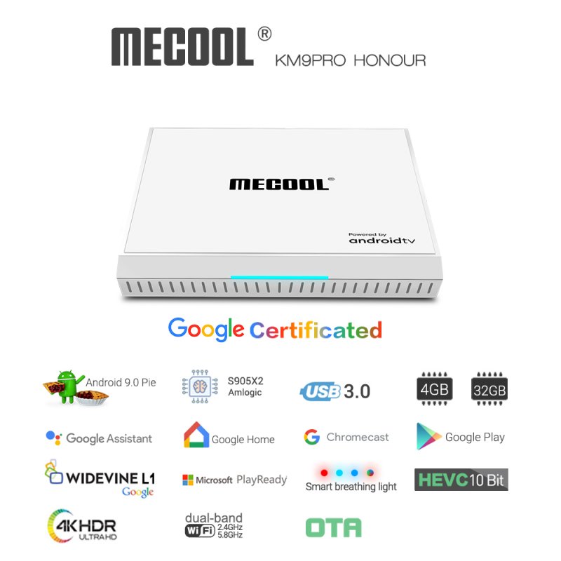 MECOOL KM9 Pro Honour TV Box Google Certificated Voice Control with 4GB RAM+32GB ROM Support for Google Cast and 4K HDR white_AU Plug
