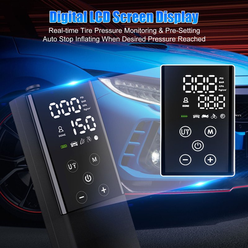 Car Tire Inflator Smart Digital Display Full-Screen Touch Wireless Air Pump Electric Air Compressor with Led Light 