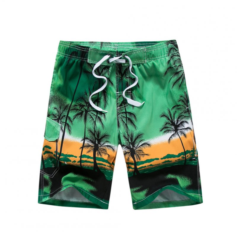 Male Beach Shorts Elastic Waist Pants with Coconut Tree Printed Leisure Vacation Wear green_XXL