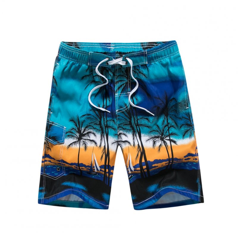 Male Beach Shorts Elastic Waist Pants with Coconut Tree Printed Leisure Vacation Wear blue_XXL