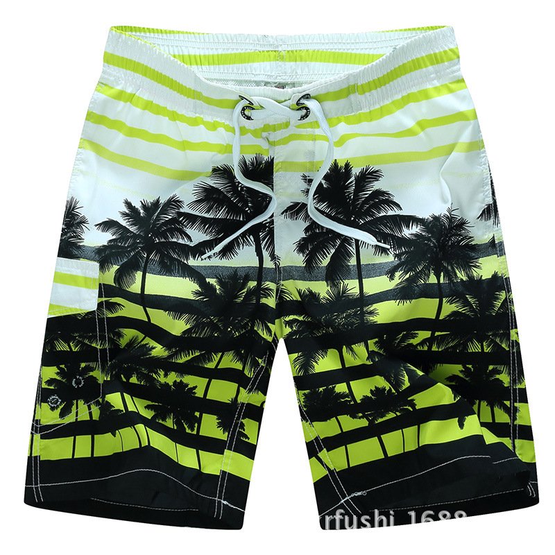 Male Beach Shorts Quick Dry Pants with Strips and Coconut Tree Printed Vacation Wear yellow_L