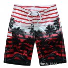 Male Beach Shorts Quick Dry Pants with Strips and Coconut Tree Printed Vacation Wear red M