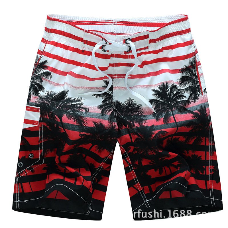 Male Beach Shorts Quick Dry Pants with Strips and Coconut Tree Printed Vacation Wear red_M