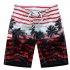 Male Beach Shorts Quick Dry Pants with Strips and Coconut Tree Printed Vacation Wear red XXL