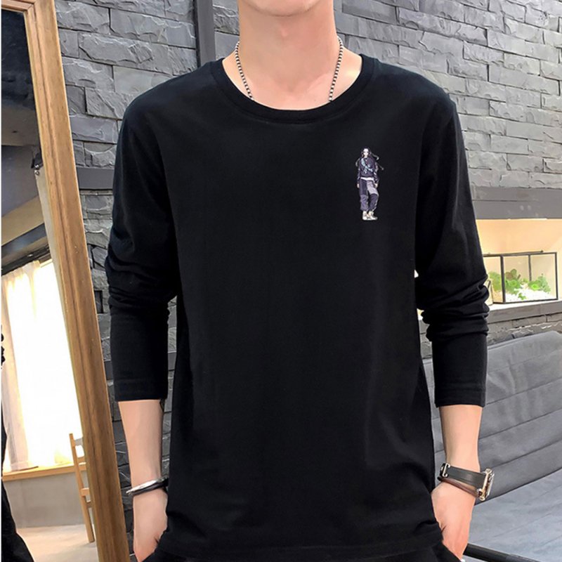 Male Casual Shirt of Long Sleeves and Round Neck Slim Top Pullover with Cartoon Pattern Decorated black_M