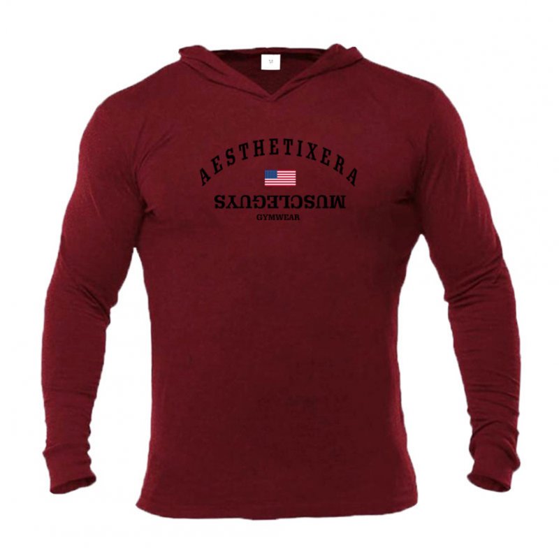 Male Hoodie with Letters Printed Long Sleeves Top Leisure Pullover Slim Sports Wear Red wine_XL