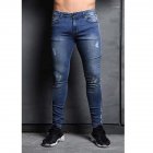 Male Jeans with Knee Holes Slim Trousers Small Feet and Middle Waist Pants Navy M