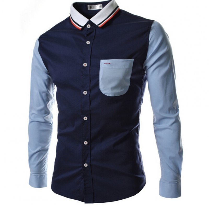 Male Leisure Shirt Long Sleeves and Turn Down Collar Top Single-breasted Cardigan Navy_L