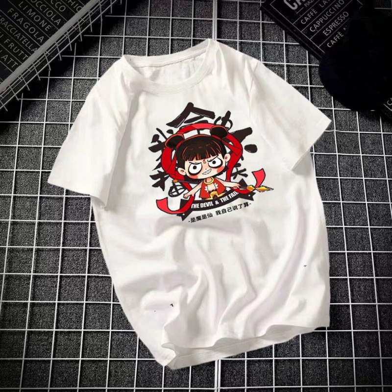Male Leisure Top with Nezha Cartoon Pattern Decorated Shirt Casual Pullover for Man Nezha white_XXXXL